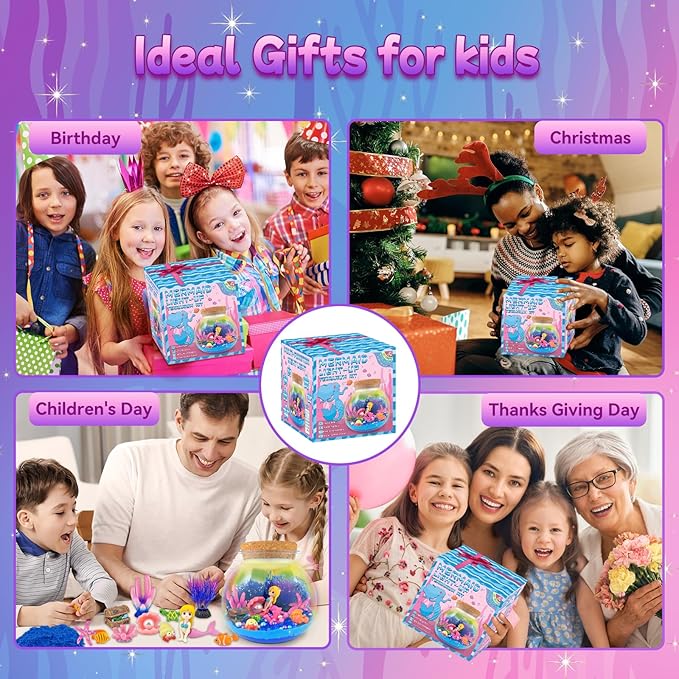 7july mermaid terrarium craft kit for kids - led night light up & remote mermaid birthday gifts toys for girls age 5 6 7 8 9 10 11 12 year old