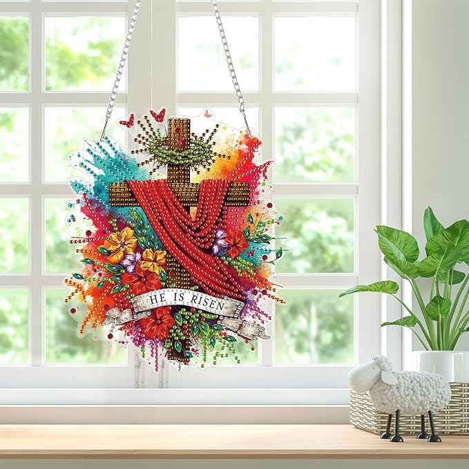 Bowetile Cross Diamond Art Hanging Kits for Adults, Diamond Art Suncatchers Easter, 5D Special Shape Diamond Painting Pendant Window Ornament Easter Gifts for Home Wall Garden Decor