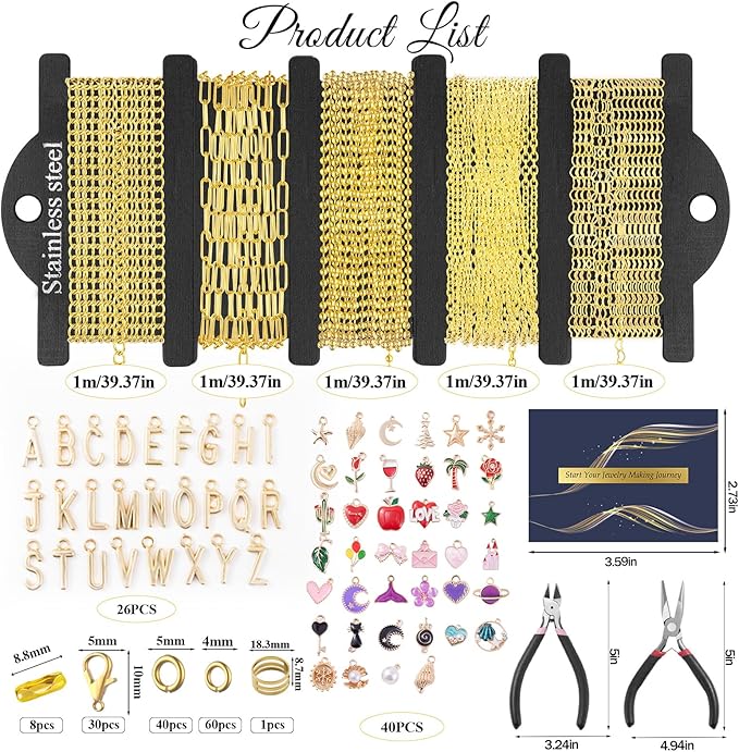 HUISUYTON 16.4 FT Gold Chain for Jewelry Making, Jewelry Making Chains Kit with Jump Rings/Lobster Clasps/Connectors/Charms/Pliers, Stainless Steel Necklace Chains for DIY Craft
