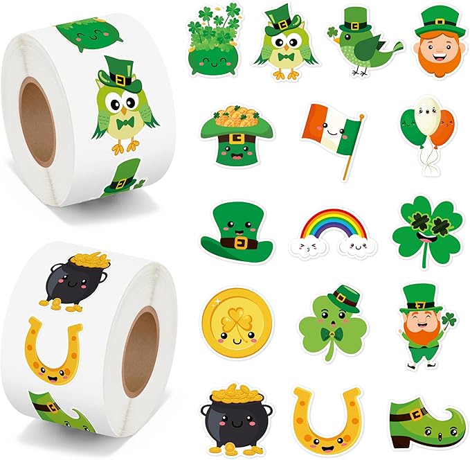 beyumi cute shamrock sticker roll - 1000pcs st. patrick's day stickers in 2 rolls waterproof cartoon irish green shamrock clover gnome decals gift party favor laptop bottle scrapbooking decor for kids