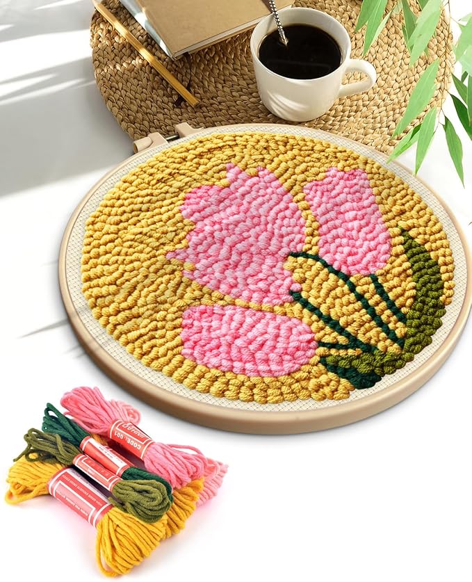 TINDTOP Punch Needle Embroidery Kits, Tulip Punch Needle Kits for Adults Beginner, Tool with Punch Needle Fabric, Hoops, Yarns and Sewing Needles