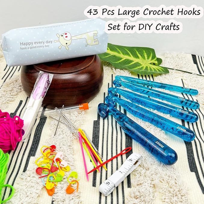 43 Pcs Large Crochet Hooks Set,12mm 15mm 18mm 20mm 25mm Large Crochet Hooks for Chunky Yarn,Plastic Crystal Smooth Big Crochet Needles for Handmade DIY Crochet with Storage Bag