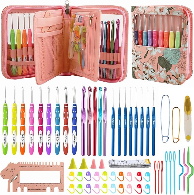 Dasonwin 60-Piece Ergonomic Crochet Hooks Set with Travel Case - Aluminum Crochet Needles Kit for Beginners & Experts, Arthritis-Friendly Design, Includes Stitch Markers & Accessories (Pink)