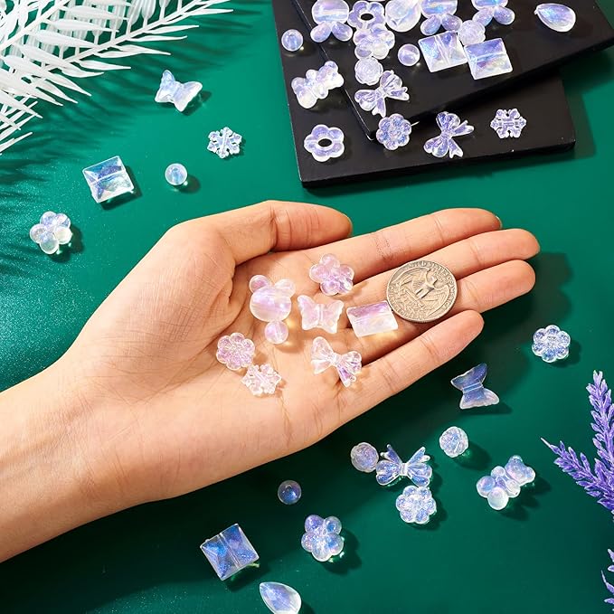 FASHEWELRY 120pcs Clear Acrylic Beads Transparent Mixed Cute Beads for Bracelets, Glitter Powder Bear Bowknot Rabbit Flower Pony Beads Bulk for DIY Keychain Necklace Jewelry Making