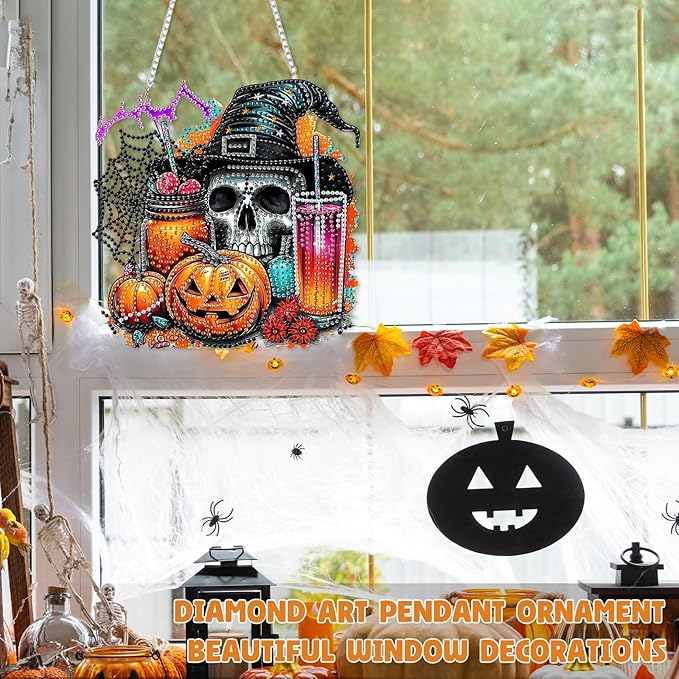 RICUVED Diamond Art Hanging Kit for Adult, Skull Special Shaped Crystal Gem Craft Halloween Diamond Painting Pendant Kit for Beginners, DIY Pumpkin Hanging Diamond Art Ornament Kit for Home Garden