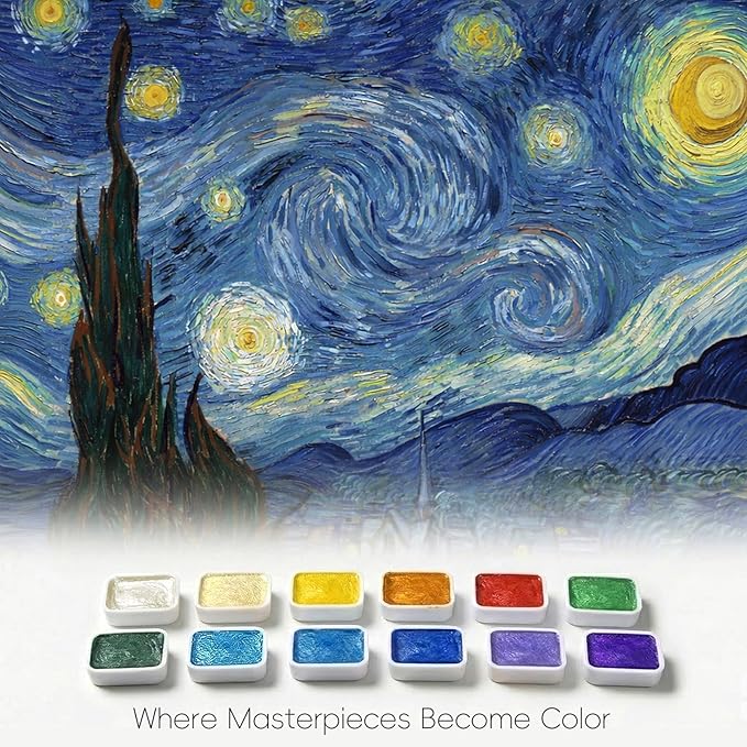 mini watercolor travel set, 12 Color Watercolor Paint Set (Pearl Shimmer) in Metal Tin with 300gsm Sketchbook, Portable Art Kit for Travel & Beginners（Inspired by The Starry Night）