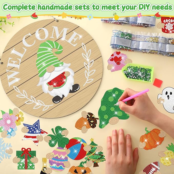 33 Pcs Magnetic Diamond Art Set Interchangeable DIY Gnome Diamond Painting Decor Detachable Welcome Sign Seasonal Door Hanger Gnome Party Decorations Gift for Home Wall Front Door(Classic)