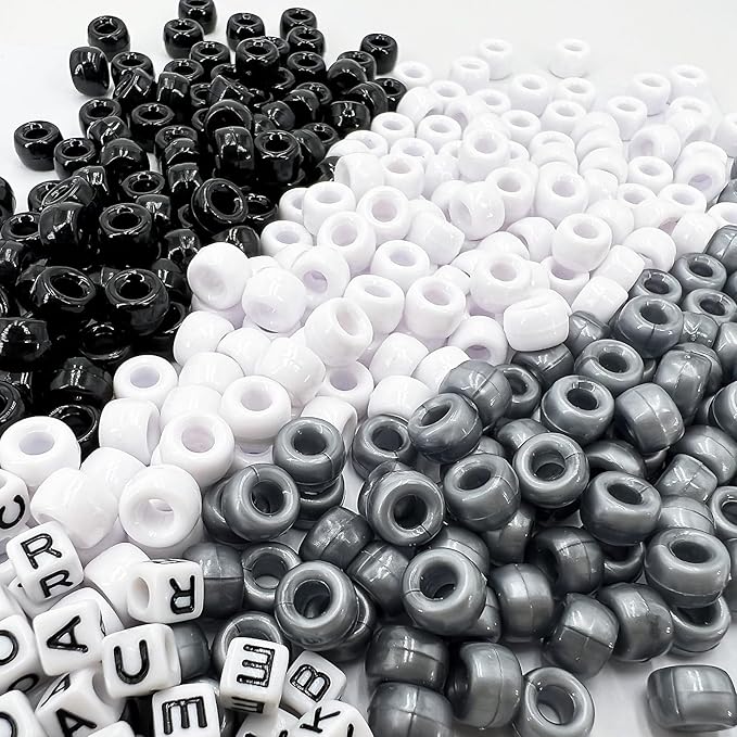 MIIIM 1300 Pcs Pony Beads Kit for Friendship Bracelet, 4 Styles Kandi Bracelet Kit in Box with Individual Compartments, Hair Beads for Braids, Letters (Black and White)