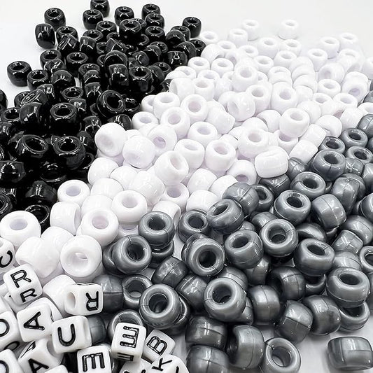 MIIIM 1300 Pcs Pony Beads Kit for Friendship Bracelet, 4 Styles Kandi Bracelet Kit in Box with Individual Compartments, Hair Beads for Braids, Letters (Black and White)
