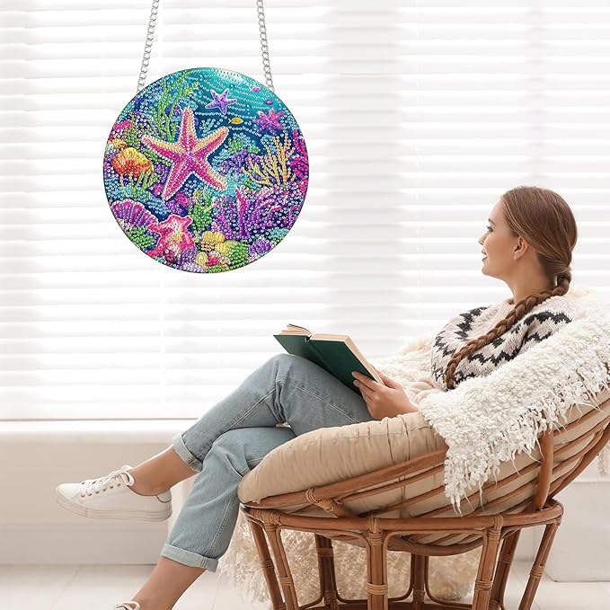 Bimkole Starfish Diamond Art Hanging Kit for Adult, DIY 5D Diamond Art Oceans Window Pendant, Acrylic Crystal Art Hanging Ornament Home Wall Garden Front Door Sign Outdoor Decor 7.8x7.8 Inch