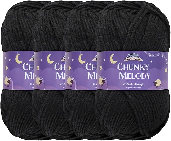 JubileeYarn Chunky Melody Yarn - 100g/Skein Bulky Wool Blend - Black - 4 Skeins