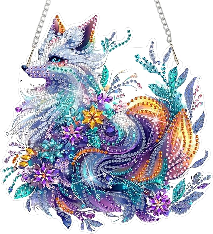 DOMROM Fox Diamond Art Hanging Pendant, 5D Special Shaped Crystal Diamond Window Pendant Ornament Double Sided Pattern Wall Hanging Sign for Beginners DIY Crafts Decor 5.1x7.6in