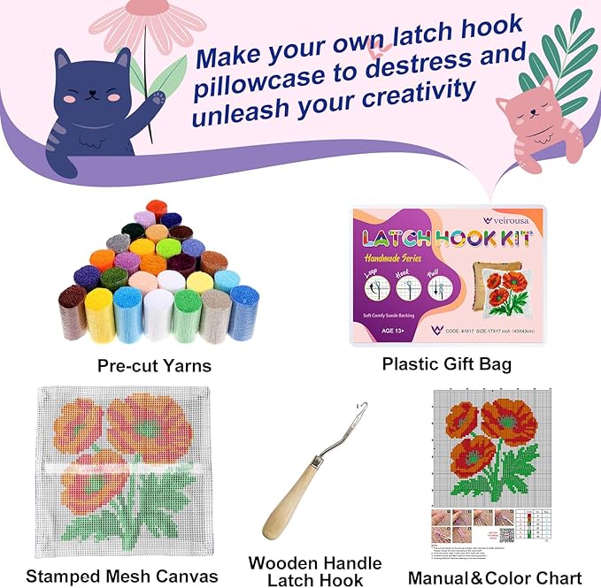 veirousa Poppy Flower Latch Hook Kits for Adults Beginners - Latch Hook Pillow Kit Pre-Printed Mesh Latch Hook Rug Kits Craft Cushion Set for Home Sofa Decoration 17x17 in. DIY Gift