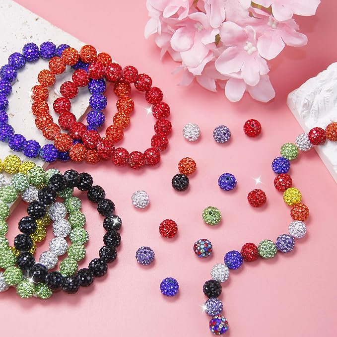 200 Pcs 10mm Rhinestone Beads for Jewelry Making, Rainbow Shiny Round Shamballa Disco Baseball Necklace Beads Sparkle Crystal Clay Pave Rhinestones Bead for Bracelet Earring Keychain Making Supplies