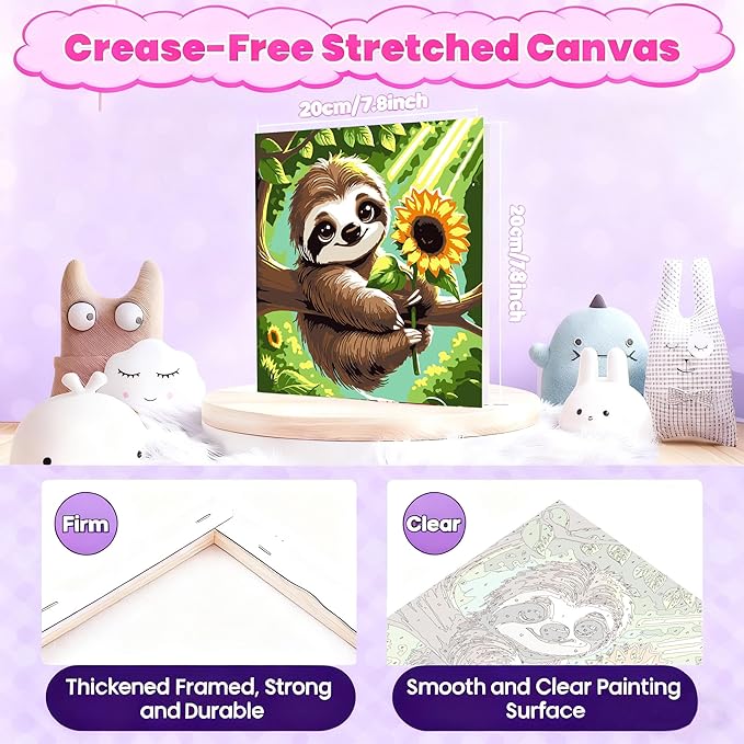 Gemozaic Sloth Paint by Numbers Kit for Kids with Frame and Easel, Paint by Numbers for Kids Ages 8-12, DIY Acrylic Oil Painting for Home Wall Decor, 8x8 Inch