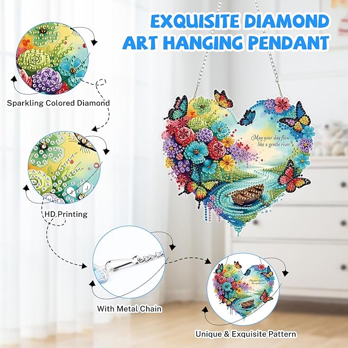 Bowetile Heart-Shaped Flower Diamond Art Hanging Kits for Adults, Diamond Art Suncatchers Butterfly, 5D Special Shape Diamond Painting Pendant Window Ornament Gifts for Home Wall Garden Decor