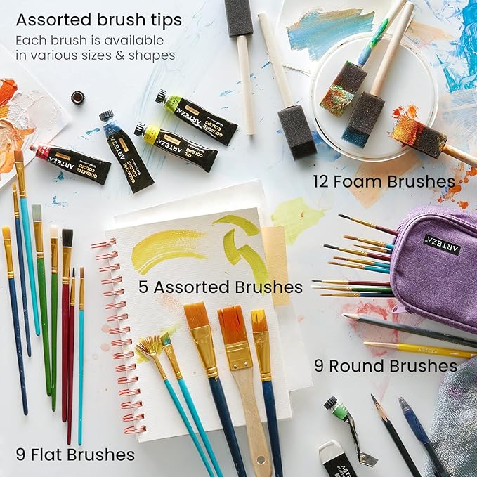 ARTEZA Paint Brush Set, 72 Brushes with Foam, Flat & Detail Tips, Mixed Handles, Art Brushes for Watercolor, Acrylic on Canvas, Paper or Wood