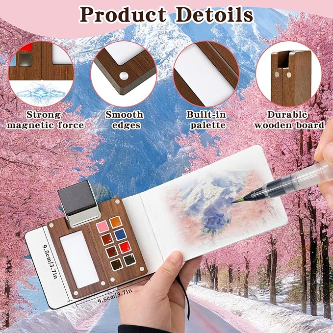 Mini Watercolor Travel Paint Set - 3.7in Mini Watercolor Palette Kit, Pocket Water Color Palette Kit with 18 Colours Paint, Sketchbook, Pens, Wooden Paint Box for Painters Artists Students
