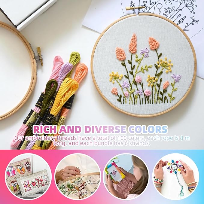 100 colour embroidery thread, 6 strand hand embroidery supplies rainbow embroidery floss, cross stitch thread for bracelet, diy crafts, sewing, embroidery supplies
