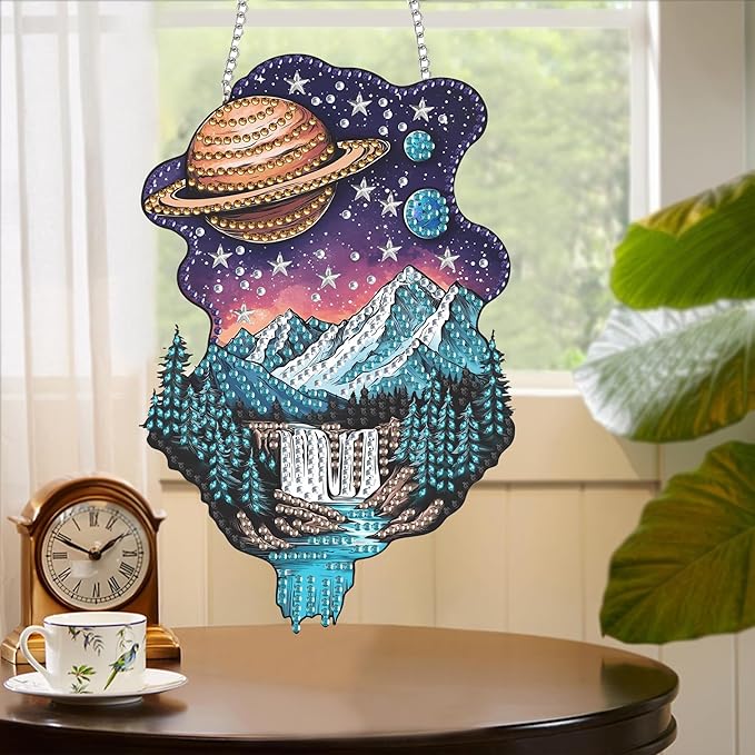 Yomiie Planet Universe Sun Catcher Window Hanging - DIY Double Sided Landscapes Diamond Painting Pendant Kit, Acrylic Diamonds Art Ornament for Front Door Sign & Indoor/Outdoor Garden Decor(8x8 inch)