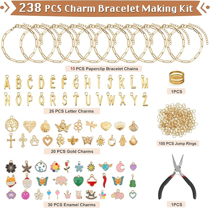Starry 238PCS Charm Bracelet Making Kit Jewelry Making kit for Adults Including 10 Paperclip Chain Bracelets, 50 Charms,150pcs Jump Rings,Letter Charms/Pliers Accessories for DIY Jewelry Making