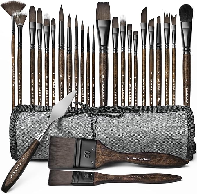 Fuumuui 26pcs Professional Paint Brush Set - High-Grade Series Synthetic Nylon Paint Brushes for Landscape, Acrylic, Oil, Watercolor, Gouache - Multi-Functional Universal Free Style for Art Supplies