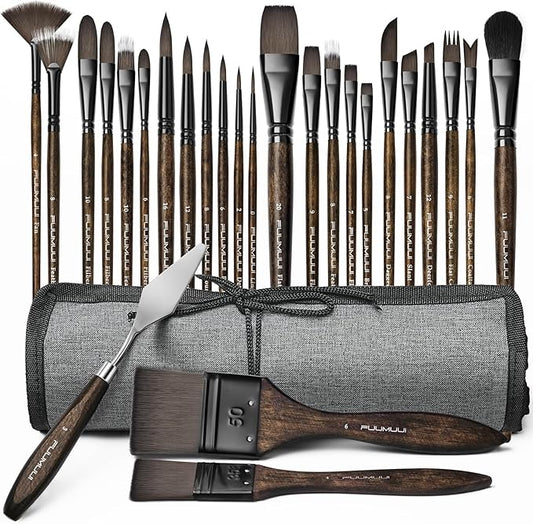 Fuumuui 26pcs Professional Paint Brush Set - High-Grade Series Synthetic Nylon Paint Brushes for Landscape, Acrylic, Oil, Watercolor, Gouache - Multi-Functional Universal Free Style for Art Supplies