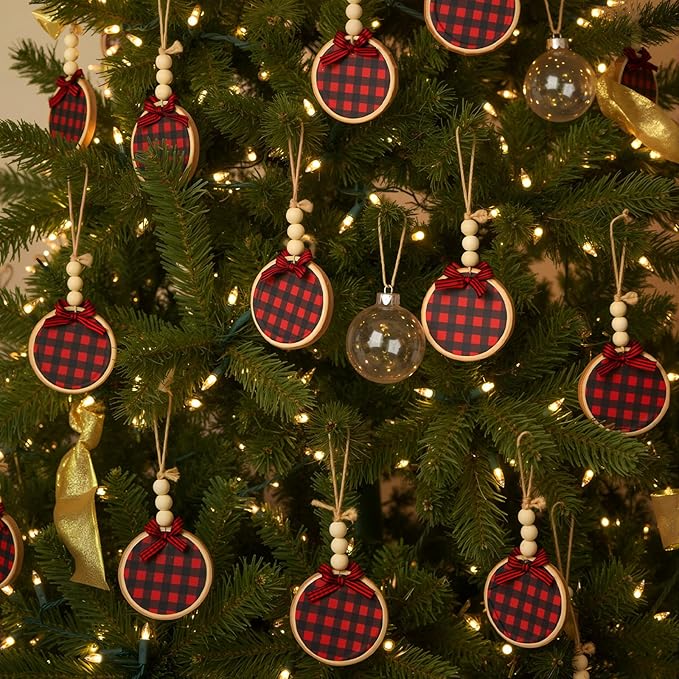 Sawysine 36 Pcs Wooden Christmas Ornament 2.8 to 3.2 Inch Craft Wooden Kit Natural Wood Slices with Round Natural Wood Beads and Buffalo Plaid Bow for Arts and Crafts Christmas Ornaments(Black, Red)