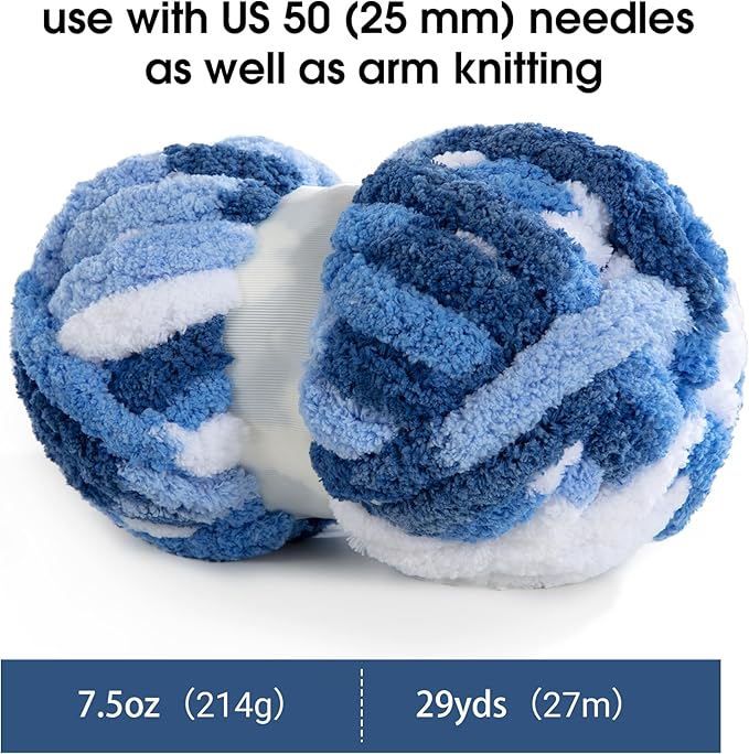 MABOZOO Tie Dye Chunky Yarn for Crocheting 8 Pack,Fluffy Jumbo Chenille Yarn,Soft Plush Yarn Bulky,Giant Thick Fuzzy Yarn for Hand Knitting or Arm Knitting,Blue Gradient(26 yds,8 oz Each Skein)