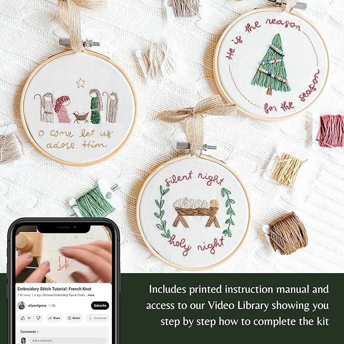 elly & grace christian embroidery kit with embroidery hoop, easy embroidery kit for beginners and adults, full embroidery hoop kit with needles and thread included (silent night)