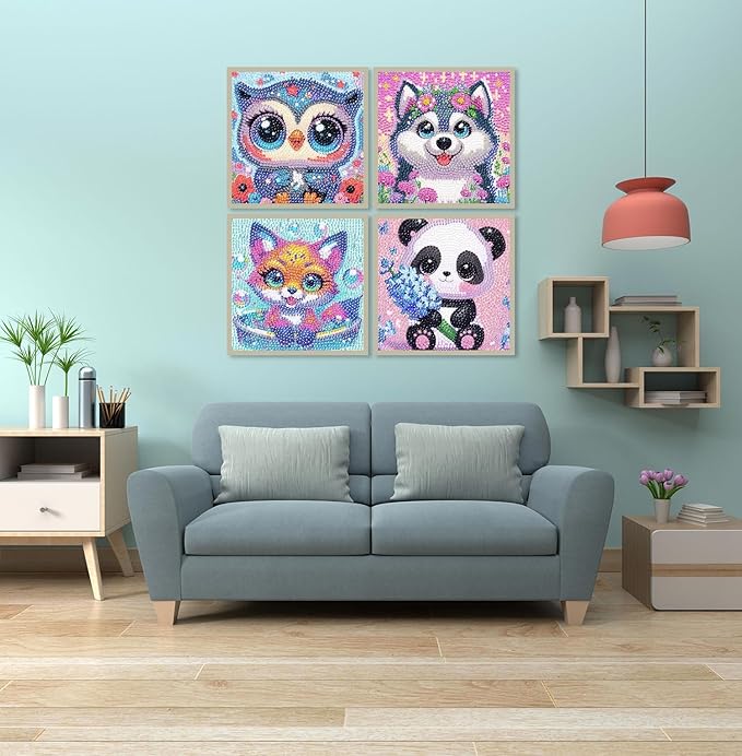 4 Pack Diamond Art Kits for Kids, Cartoon Animals Diamond Painting Kits for Kids Beginners, Kids' Mosaic Kits DIY Full Drill Diamond Dots Painting Picture Arts Craft for Home Wall Decor 6x6 Inch