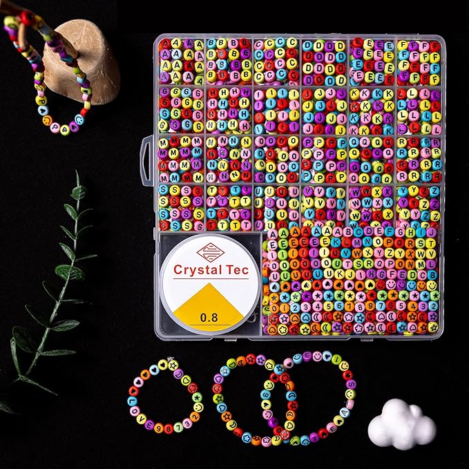nikkiGuo 1250 PCS Letter Beads Kit with Elastic Cord – Alphabet A–Z, Numbers, Heart, Moon, Star, Smiley Beads for Friendship Bracelets & DIY Jewelry (Colorful Beats & Black Letters)