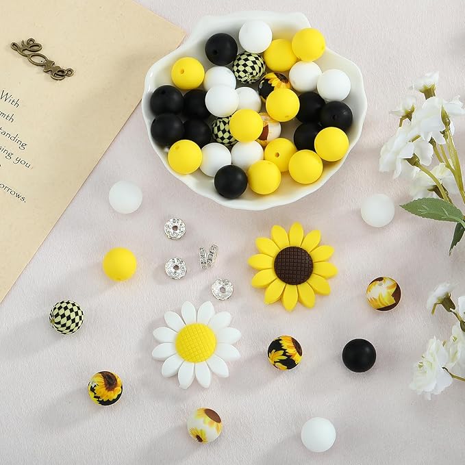 45 Pcs 15mm Silicone Beads Sunflower Focal Beads for Pens Printed Silicone Beads Bulk for Keychain Bracelets Making and Other Handmade Crafts(Chrysanthemum)