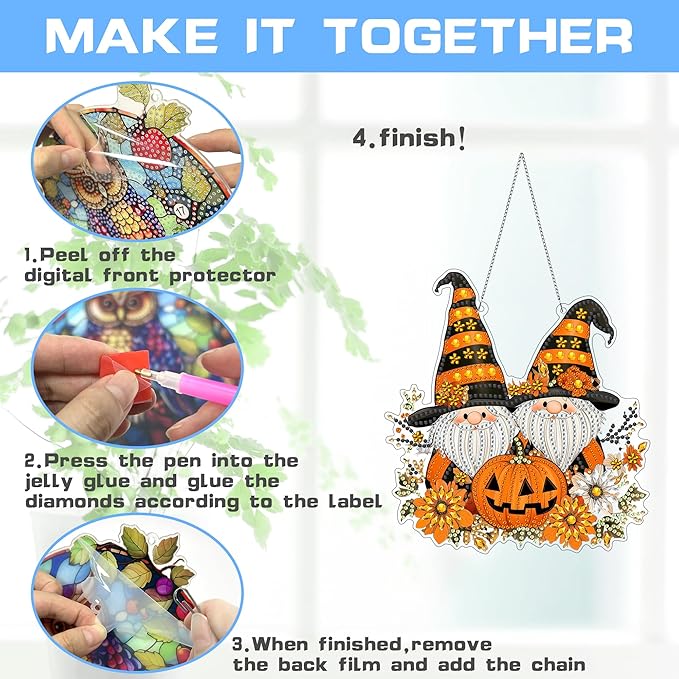 VAIIEYO Halloween Diamond Art Hanging Ornament, Dwarf Gnome Diamond Painting Suncatchers Window Hanging Kit with Chain, 7.5x7.5 inch Crystal Pendant Art Craft for Gift Home Wall Front Door Decoration