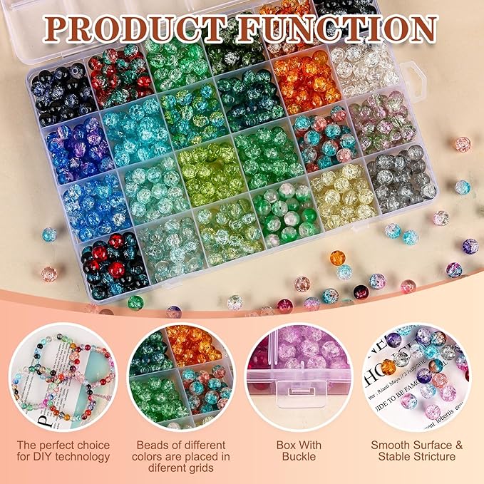 XSEINO 2400 Pieces 8mm Crack Glass Beads for Jewelry Making,48 Dazzling Colors Round Glass Beads for Making and DIY Crafts