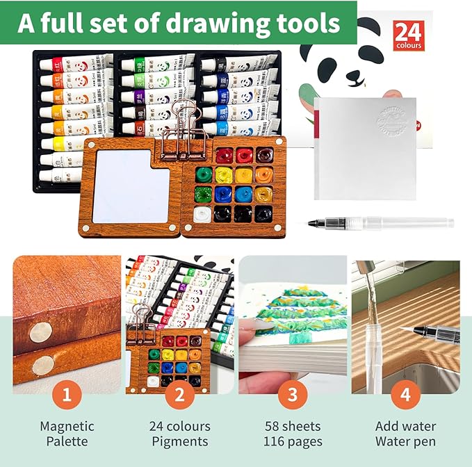 Portable Mini Set - 24 Color Travel Watercolor Kit with Nano Palette, Wooden Grid Paint Box, Watercolor Pens & Binder Clips | Pocket Artist Painting Supplies for Adults, Artists, Students