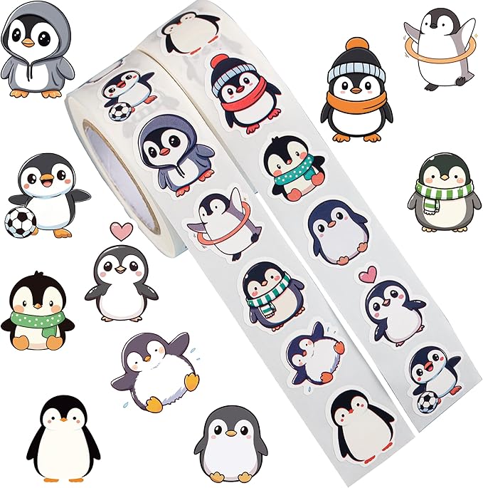 1000 pcs penguin stickers roll, 2 rolls 10 styles cute cartoon animal stickers for kids, teachers, school rewards, scrapbook, envelope seals, party favors, gift decorations