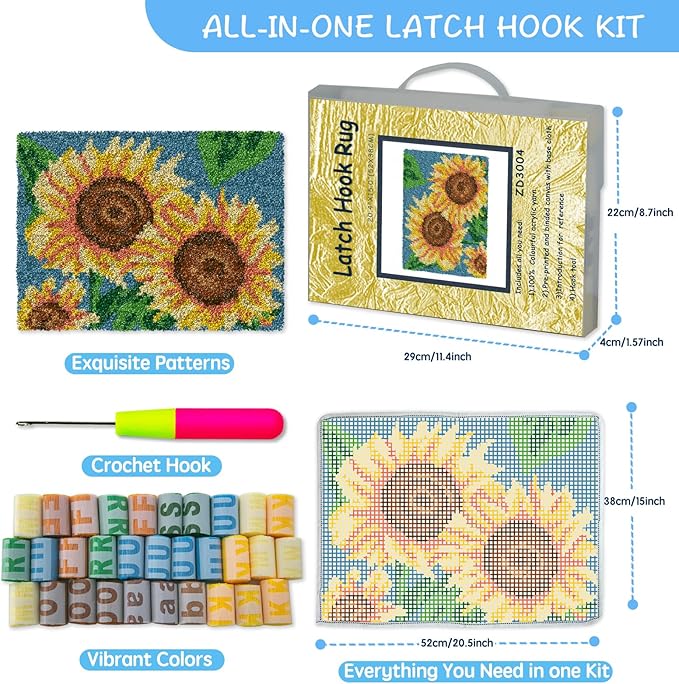 ZFFLYH Latch Hook Rug Kits DIY Needlework Unfinished Crocheting Rug Yarn Cushion Mat for Kids/Adults with Printed Canvas Pattern, 52X38cm Sunflower