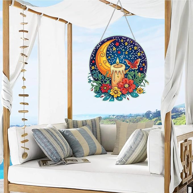 VAIIEYO Moon Diamond Art Hanging Ornament, Flower Diamond Painting Suncatchers Window Hanging Kit with Chain, 7.5x7.5 inch Crystal Pendant Art Craft for Gift Home Wall Front Door Decoration
