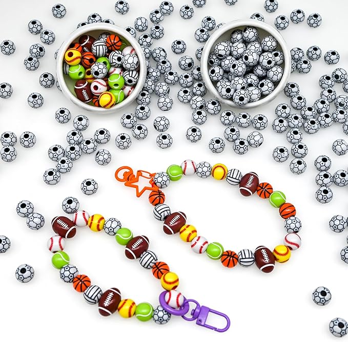 200+ pcs Soccer Ball Beads Sport Bulk Kandi Bead for Jewelry Making, Friendship Bracelet Keychain Becklace Charm Football Beads Kit (Soccer Ball)