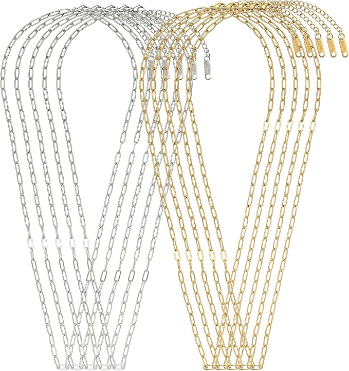Swyabi 10 PCS Paperclip Chain Necklace Kit 18Inch Stainless Steel Charm Bulk Chains with Extender for DIY Jewelry Making Supplies Accessories (Gold + Steel）