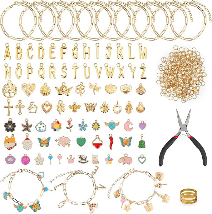 Starry 238PCS Charm Bracelet Making Kit Jewelry Making kit for Adults Including 10 Paperclip Chain Bracelets, 50 Charms,150pcs Jump Rings,Letter Charms/Pliers Accessories for DIY Jewelry Making