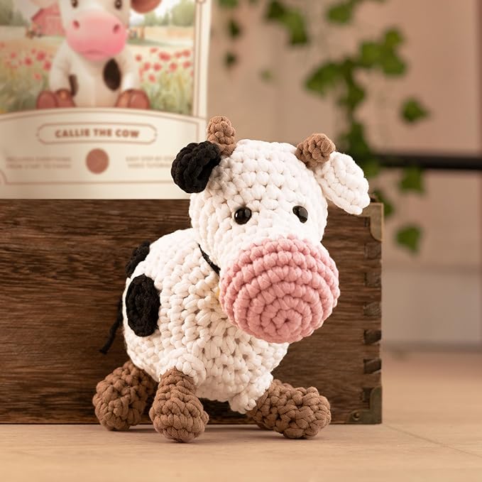 Amigurumi Crochet Kit for Beginners Adults and Kids, Learn to Crochet Kits for Adults Beginner with Easy Yarn, Stuffed Crochet Animal Kit with Step-by-Step Video Tutorials - Callie the Cow
