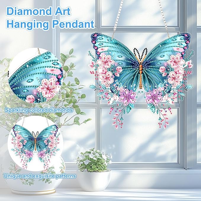 TOSTOG Diamond Art Hanging Kits for Adults, 5D Flowers Diamond Painting for Adults Window Pendant, Special Shape Diamonds DIY Lovely Butterfly Diamond Painting Hanging Pendant Kit for Wall Decor Gift