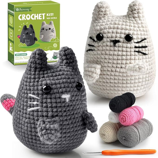 Faircosy Crochet Animals Kit for Beginners: Learn to Crochet Cats with Yarn, Hooks & Video Tutorials - DIY Amigurumi Starter Box - Perfect Christmas Holiday Gift for Teens & Adults