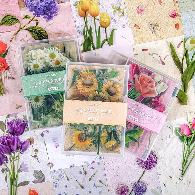 Teozeqe 31 PCS Premium Flower Scrapbook Kit – Big Realistic Floral PET Stickers & Vintage Paper for DIY Crafts, Bullet Journals & Scrapbooking 3 x 4.7 (the Green Shadow is in Bloom)