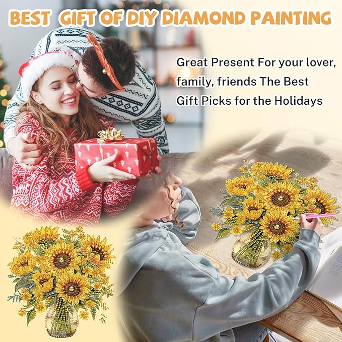 Bowetile Spring Diamond Art Hanging Kits for Adults, Diamond Art Suncatchers Sunflowers, 5D Special Shape Diamond Painting Pendant Window Ornament Gifts for Home Wall Garden Door Decor