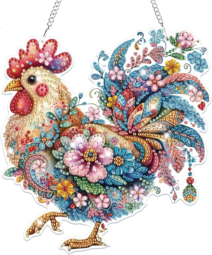 Bowetile Hanging Diamond Art Chicken Kits for Adults, 5D Special Shape Diamond Painting Rooster Pendant Kits, Animal Gem Art Suncatchers Painting Ornament for Home Garden Wall Window Decor