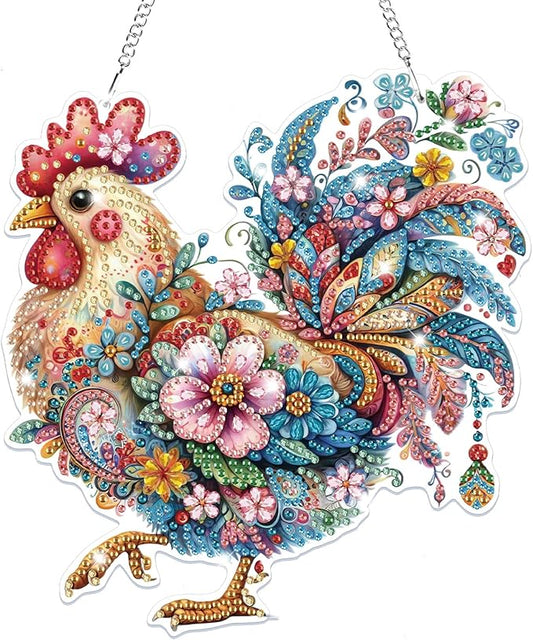 Bowetile Hanging Diamond Art Chicken Kits for Adults, 5D Special Shape Diamond Painting Rooster Pendant Kits, Animal Gem Art Suncatchers Painting Ornament for Home Garden Wall Window Decor