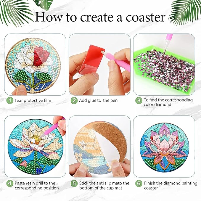 EWJRNSF 6 PCS Small Diamond Art Coasters Kits, Diamond Painting Coasters, Fall Diamond Art Kits for Adults Beginners, Arts and Crafts Item Sets with Holder for Drinks. Flowers